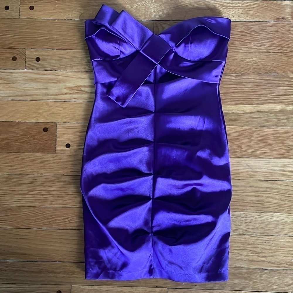 Vintage Roberta Strapless Purple Ruched Satin Mini Dress Large Bow Sz 5 S